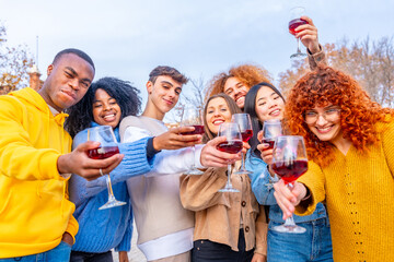 Multi-ethnic friends toasting with red wine in the street