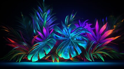 Tropical Leaves Illuminated by Vibrant Green and Blue Neon Lights: Futuristic Night Scene