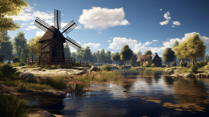 Old windmill on the shore of a pond or lake - obrazy, fototapety, plakaty