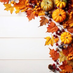 Naklejka na ściany i meble Festive autumn decor from pumpkins, berries and leaves on a white wooden background. Concept of Thanksgiving day or Halloween. Flat lay autumn composition with copy space 