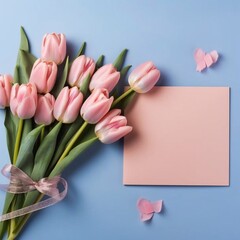 Mother's Day atmosphere concept. Top view photo of bouquet of fresh tulips blue giftbox pink envelope and postcard with heart on isolated pastel pink background with empty space 