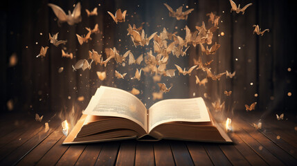 Opened book with flying letters. - obrazy, fototapety, plakaty