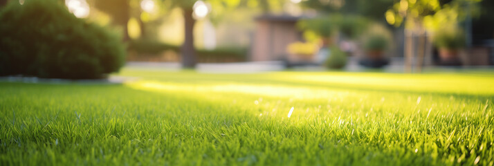 close up of green grass with blurred garden background - obrazy, fototapety, plakaty