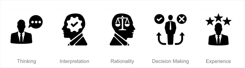 A set of 5 Critical Thinking icons as thinking, interpretation, rationality