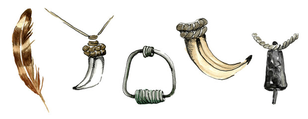 Decorations of wild tribes. Set of parts: brown striped feather, fang pendant on a thread, metal earring with beads, metal bell. Hand drawn watercolor painting on white background