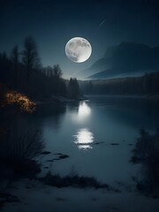 Fototapeta na wymiar Big full moon at night reflecting on the water generative by ai