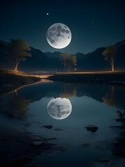 Big full moon at night reflecting on the water generative
by ai