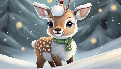 Small Christmas deer as a toy, baby, on a white background with snow
