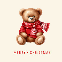 Plush toy teddy bear sits with a christmas red scarf and sweater. Watercolor illustration. - obrazy, fototapety, plakaty