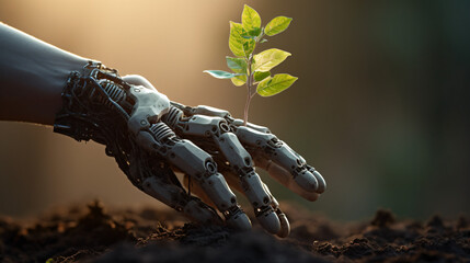 Robot hand holding a tree