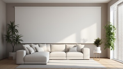 Inviting Living Room Decor: White Roller Blinds, Houseplant, and Sofa in Interior Setting