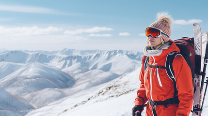 Fototapeta na wymiar Generative AI image of a blond tall Russian woman, skiing on a mountain