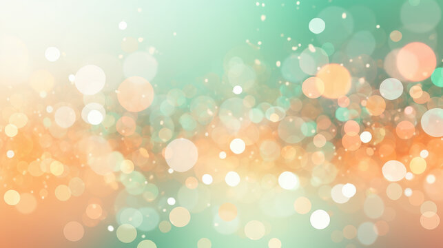 Abstract blur bokeh background. Blurred mint green, peach orange and white silver colors bokeh background