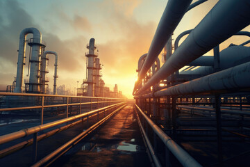 Efficient Industry - An oil refinery enveloped in dense mist of the technological process