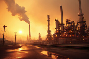 Fototapeta na wymiar Efficient Industry - An oil refinery enveloped in dense mist of the technological process