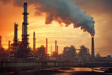 Efficient Industry - An oil refinery enveloped in dense mist of the technological process