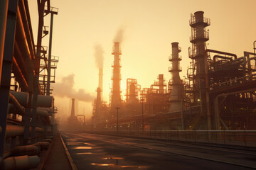 Fototapeta na wymiar Efficient Industry - An oil refinery enveloped in dense mist of the technological process