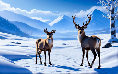Northern deer. Winter mountain landscape. AI