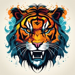Obraz premium Tiger's Gaze: Vibrant Illustration of a Roaring Tiger