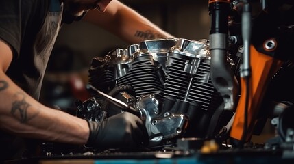 Skilled Mechanic Conducts Precise Motorcycle Engine Repair and Chain Maintenance in Workshop - Conceptual Image Illustrating Motorcycle Diagnostics and Maintenance