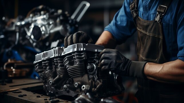 Skilled Mechanic Conducts Precise Motorcycle Engine Repair and Chain Maintenance in Workshop - Conceptual Image Illustrating Motorcycle Diagnostics and Maintenance - Powered by Adobe