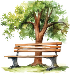 Tree with a chair under it, watercolor on a white background.