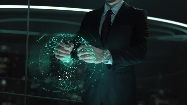 Businessman with Robotique in French, Robotics hologram concept