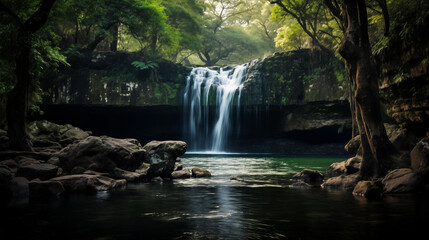 Fototapeta premium Gorongosa National Park Waterfalls: Hidden waterfalls of Gorongosa National Park in Mozambique, surrounded by lush rainforest.