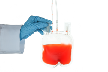 PNG,A hand in a blue glove holds a bag with blood, isolated on white background