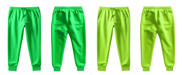2 Set of dark light green lime, front back view sweatpants jogger sports trousers bottom pants on transparent background, PNG file. Mockup template for artwork design