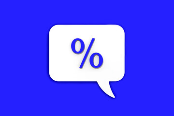 Blue percent sign on white message board. Interest withdrawal signal. Discount notifications. Message on a blue background. Horizontal image. 3D image. 3D rendering.