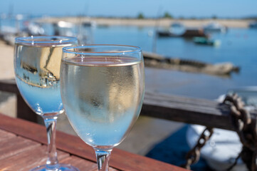 Drinking of white wine at farm cafe in oyster-farming village, with view on boats and water of Arcachon bay, Cap Ferret peninsula, Bordeaux, France