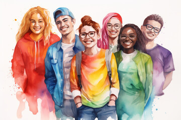 Group, diverse students and watercolour portrait illustration on a white background for human rights protest, awareness and LGBTQ. Happy, beautiful and colourful sketch for creative poster design - obrazy, fototapety, plakaty