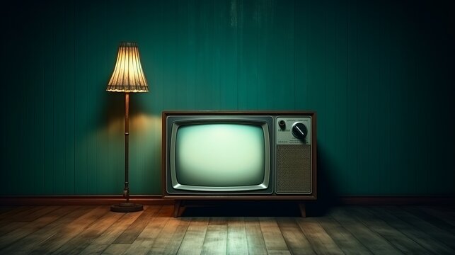 Vintage Television Set in Dimly Lit Room with Ample Space for Text, Nostalgic Retro Ambiance