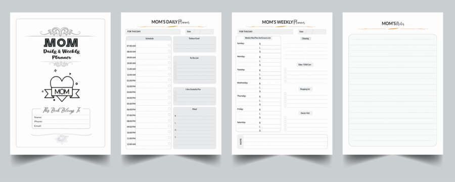 Mom's Daily & Weekly. Daily Gratitude Monthly & Yearly Undated Planner. Journal. Printable Gratitude Journal. Planner Bundle Design. Printable Planner Set with cover page layout template