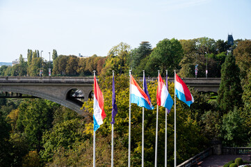 Views of flags of Luxembourg country in Luxembourg or Luxembourg City capital city and one of de facto capitals of European Union