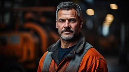 portrait, gloomy man 40 years old in overalls, metallurgical production, factory, industrial equipment --ar 16:9 --stylize 250 --v 5.2 Job ID: fdaa9de5-ea75-4172-91ad-f65623cfd038 - obrazy, fototapety, plakaty