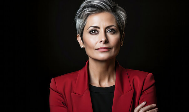 Confident mature businesswoman with stylish short gray hair wearing a red blazer over a black shirt, poised against a dark brown backdrop