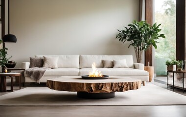 Room features a minimalist design with a tree trunk coffee table near a white leather tufted sofa by the fireplace
