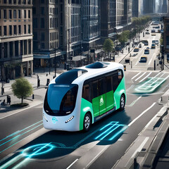 A self-driving bus or shuttle navigating city streets, showcasing the potential of autonomous public transportation systems.
