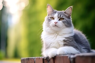 Obraz premium Whiskers and sunshine. Cute grey tabby cat enjoying lazy afternoon in meadow. Adorable feline rests on green lawn basking in warmth of sunlight