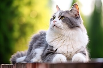 Obraz premium Whiskers and sunshine. Cute grey tabby cat enjoying lazy afternoon in meadow. Adorable feline rests on green lawn basking in warmth of sunlight