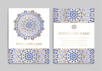 Gold and blue luxury invitation card design with vector mandala pattern. Vintage ornament template. Can be used for background and wallpaper. Elegant and classic vector elements great for decoration.