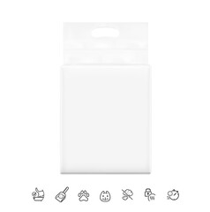 Vacuum bag with handle mockup with set icons for cat litter. Front view. Vector illustration isolated on white background. Ready for use in presentation, promo, advertising. EPS10.	