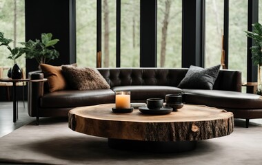 Room features a minimalist design with a tree trunk coffee table near a black leather tufted sofa by the fireplace