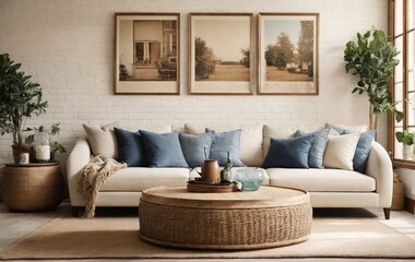 Modern living room combines French country and farmhouse aesthetics, featuring a wicker round coffee table, a white sofa with blue pillows, and a poster frame against a beige brick wall