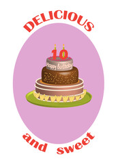 Birthday cake icon with text Delicious and sweet. T-shirt print design, logo and icon design. Vector illustration isolated on white.