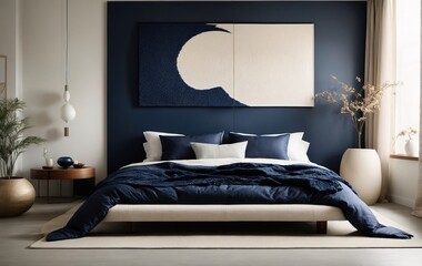 Modern japanese beadroom features a dark blue bed with white pillows and a matching blanket, against a pristine white wall with an abstract art poster