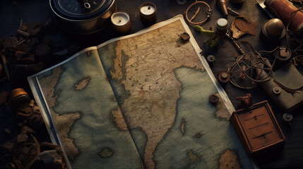 An aged explorer's map and tools on table. - obrazy, fototapety, plakaty