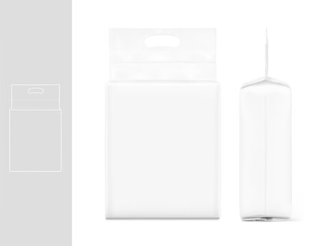 Realistic stand bag with hole handle mockup. Front and side view. Vector illustration isolated on white background. Ready for your design. Suite for the presentation of diaper, foods, wet wipe. EPS10.